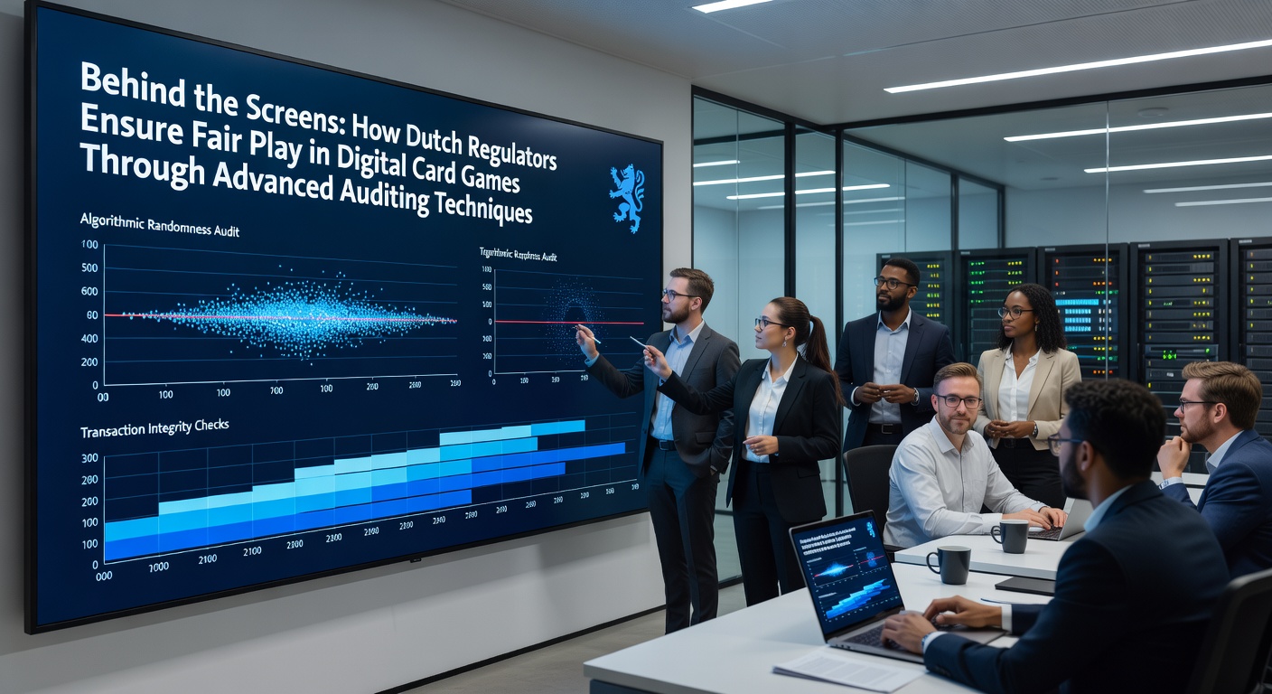 Illustratie van auditors die digitale kaartspellen controleren met geavanceerde software bij de KSA