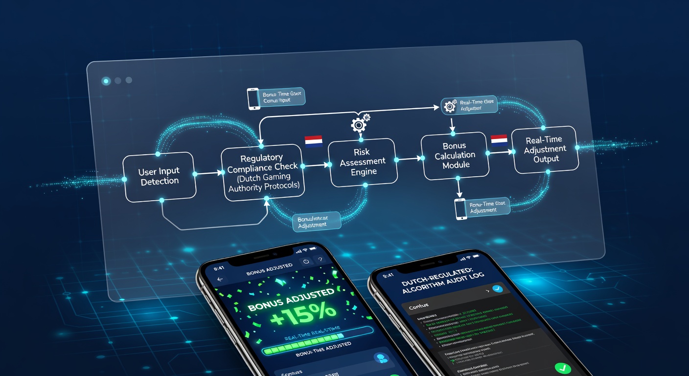 Illustratie van algoritmen die bonusaanpassingen in real-time berekenen op een mobiel gokinterface onder KSA-regulering