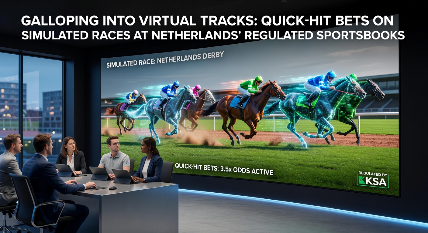 Virtuele paardenrace in actie op een digitaal sportsbook-platform, met paarden die over een track galopperen onder felle lichten
