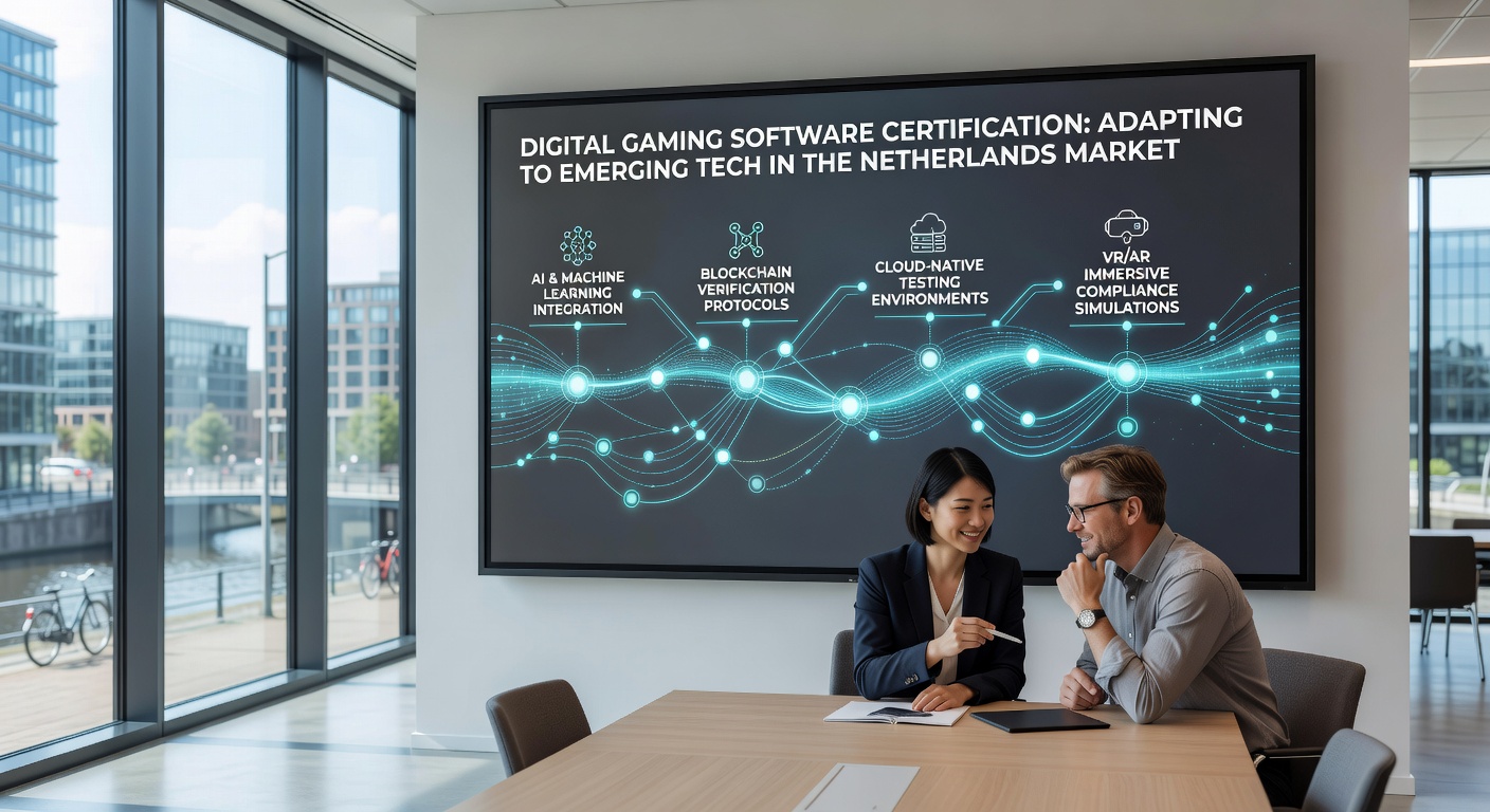 Illustratie van certificeringsprocessen voor digitale gaming software met technologische aanpassingen in Nederland