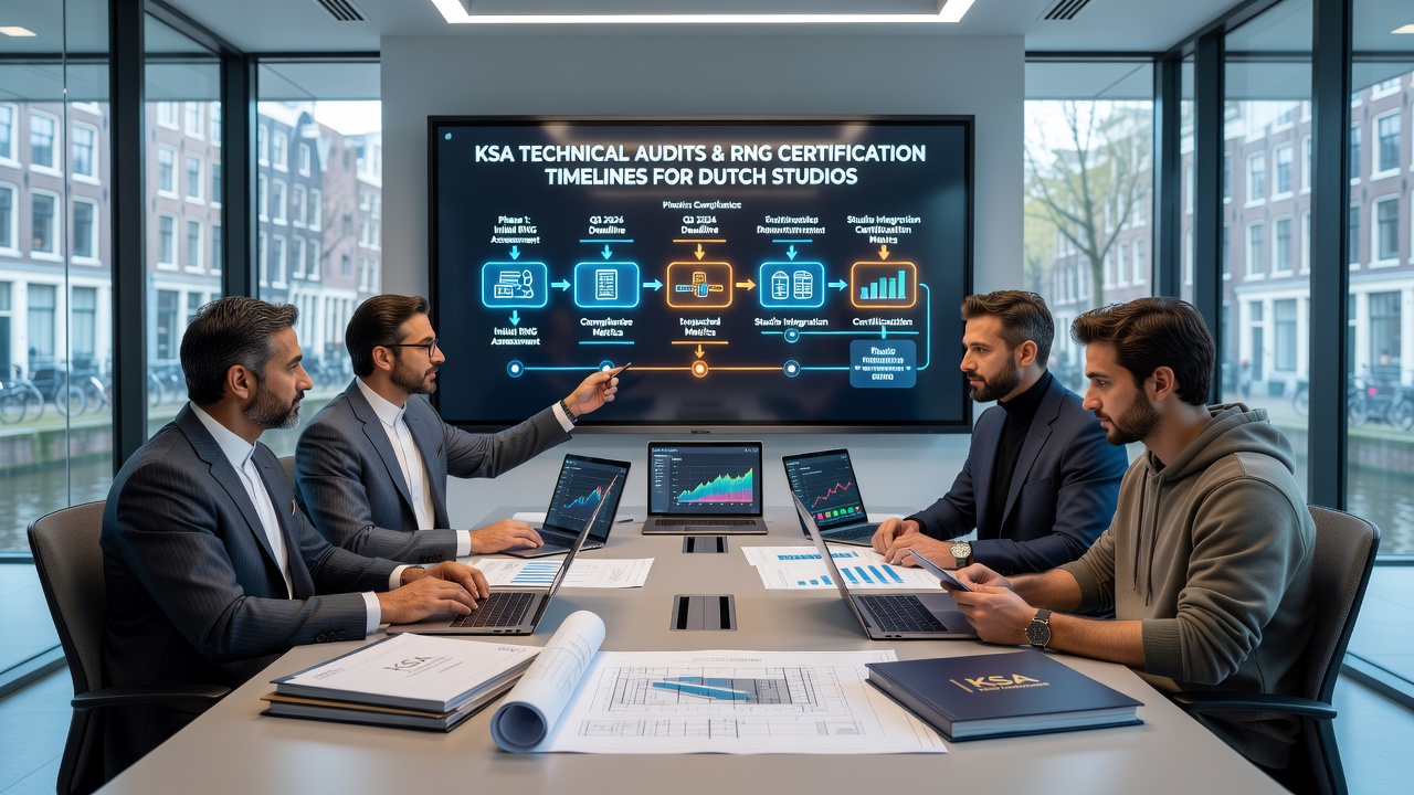 Technische audit van RNG-systemen in een Nederlandse gamestudio met KSA-inspecteurs en certificeringsdocumenten