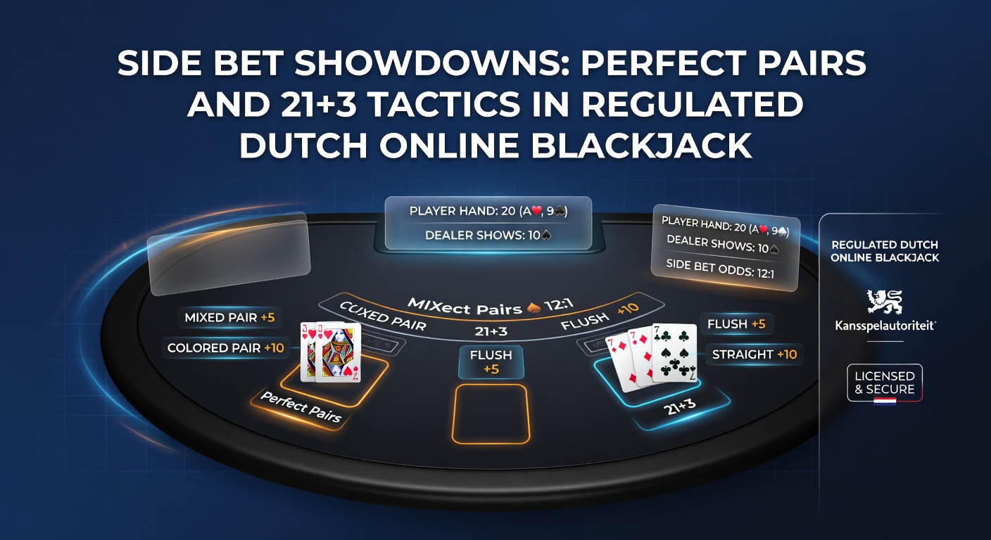 Een close-up van een 21+3 side bet winnende combinatie op een Nederlands online blackjack-scherm, met poker-hand formaties gevormd door spelerskaarten en dealer upcard