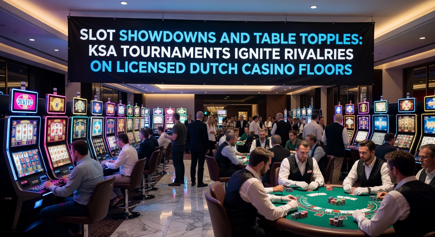 Spelers vol passie bij een intens slot-toernooi op een gelicenseerd Nederlands casino platform, met felgekleurde reels en juichende winnaars